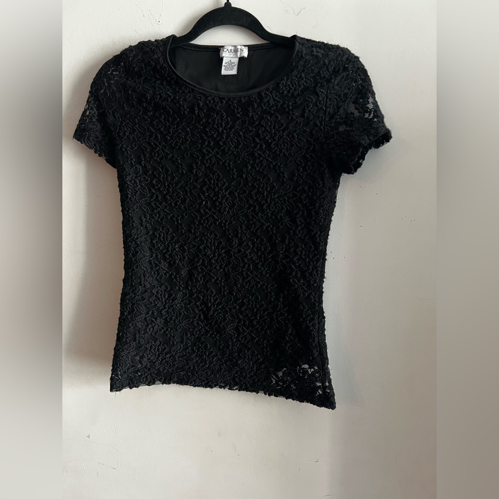 Carmen Marc Valvo Black Lace Short Sleeve Top Women’s Size S